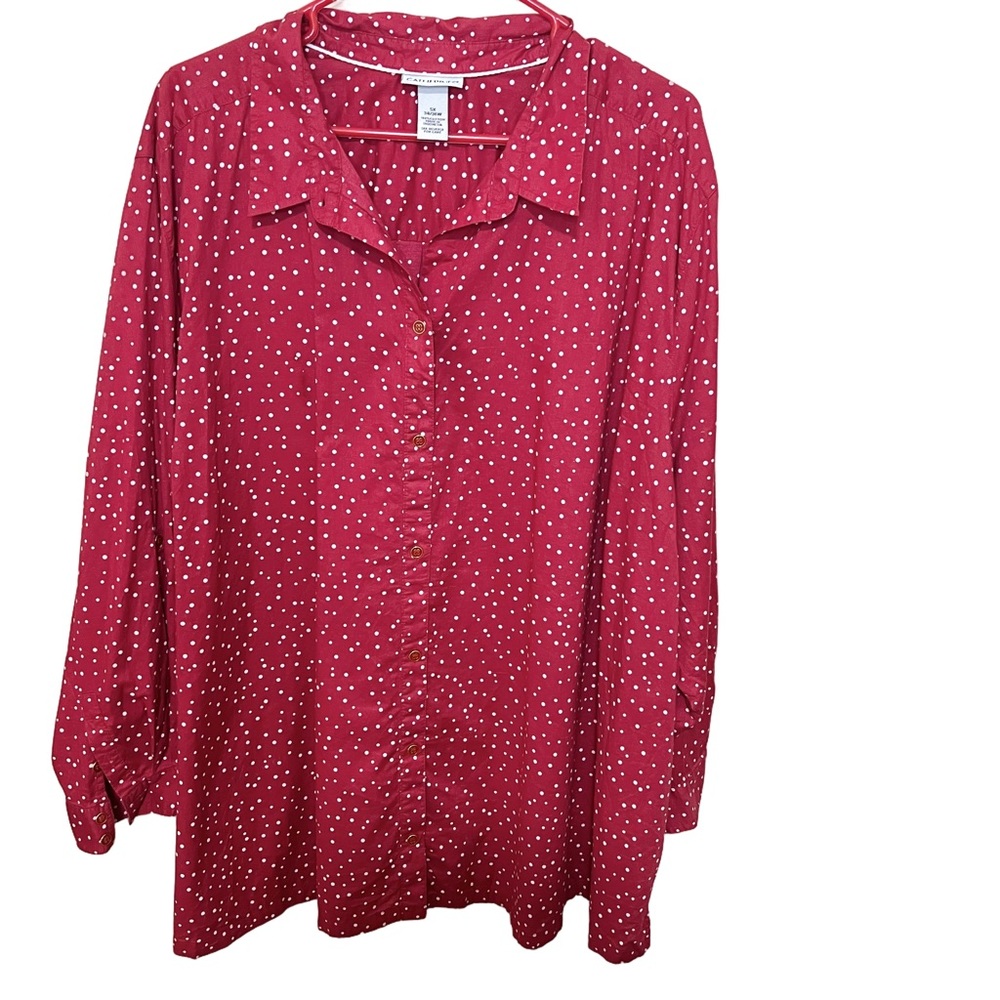 Catherines 5X Button Down Shirt Red White Polka Dot Cotton Preppy Office